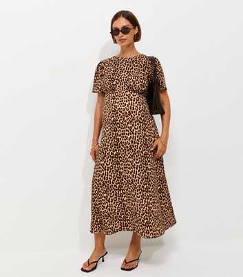 Maternity Brown Leopard Print Crinkle Texture Midi Dress
