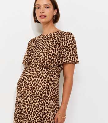 Maternity Brown Leopard Print Crinkle Texture Midi Dress