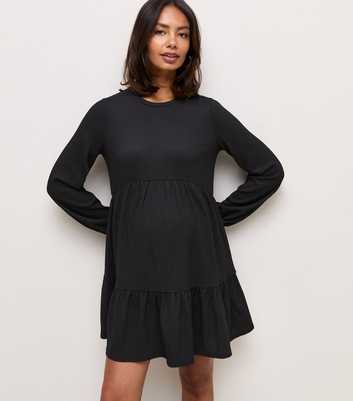 Maternity Black Long Sleeve Crinkle Texture Smock Mini Dress