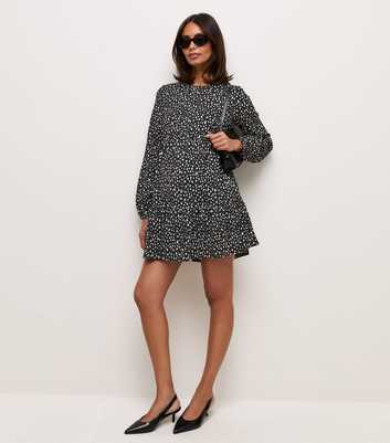 Maternity Black Patterned Long Sleeve Crinkle Texture Smock Mini Dress