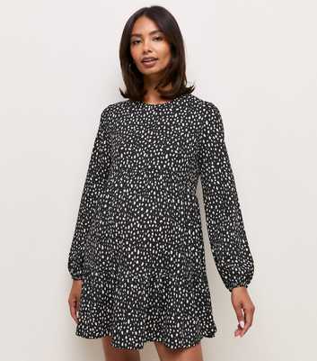 Maternity Black Patterned Long Sleeve Crinkle Texture Smock Mini Dress