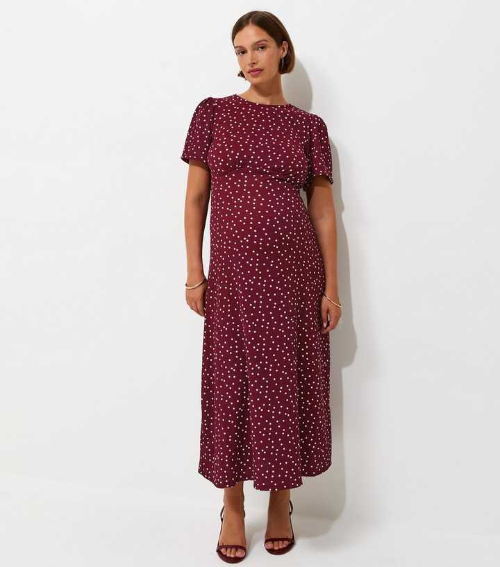 Maternity Red Polka Dot Crinkle Texture Short Sleeve Midi Dress