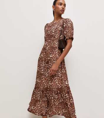 Maternity Brown Crepe Leopard Print Short Sleeve Midi Dress