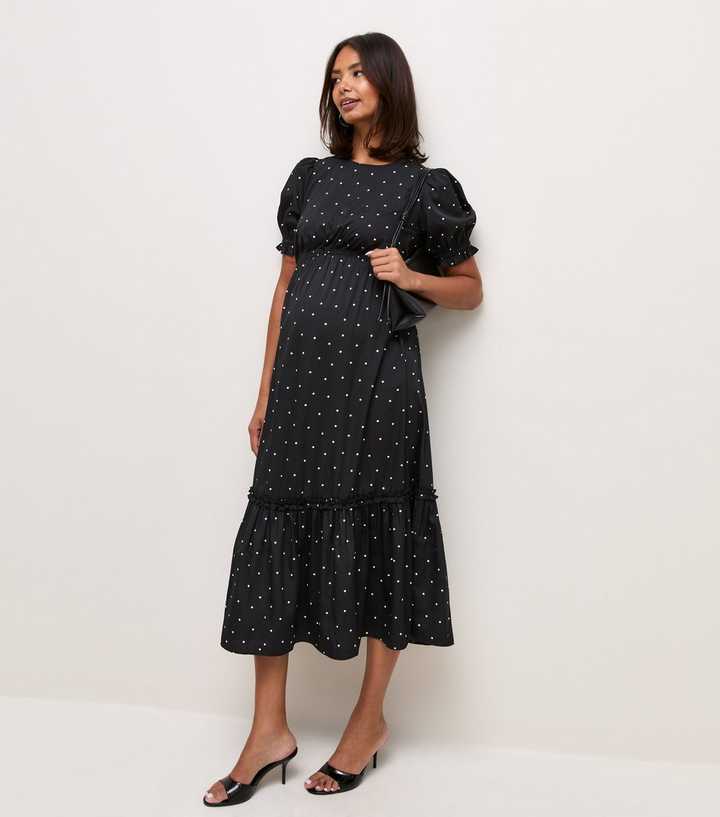 Maternity Black and White Polka Dot Puff Sleeve Midi Dress