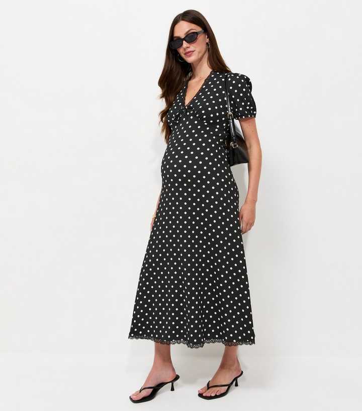 Maternity Black Polka Dot Lace Trim V Neck Short Sleeve Midi Dress