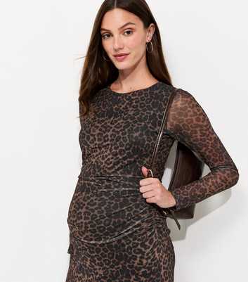 Maternity Brown Leopard Print Crew Neck Ruched Mesh Midi Dress
