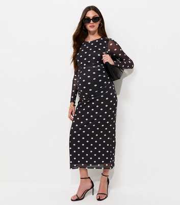 Maternity Black Spot Print Crew Neck Ruched Mesh Midi Dress
