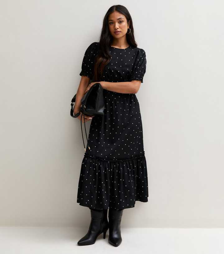 Petite Black Crepe Spot Print Short Sleeve Midi Dress