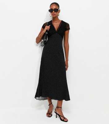 Tall Black Spot Print Lace Bust Midi Dress