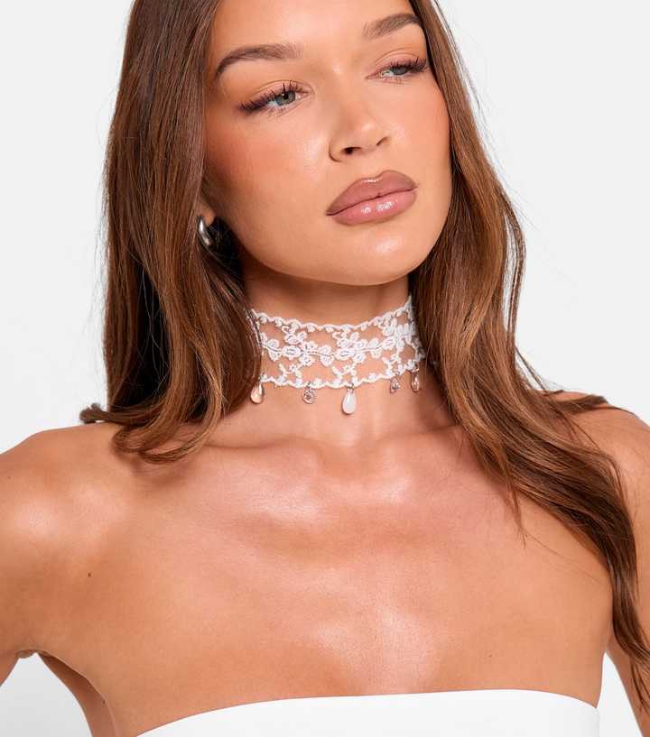 Public Desire Off White Embellished Lace Choker Necklace
