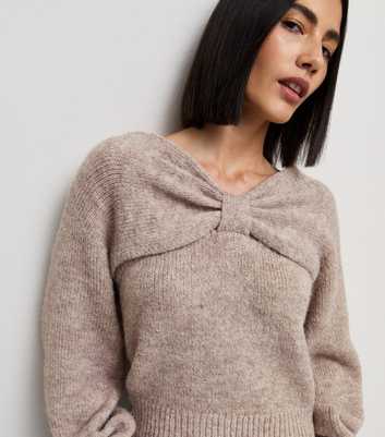 Oatmeal Bow Bardot Neck Knit Jumper with Wool