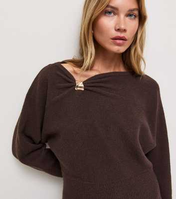 Dark Brown Brooch Detail Slashed Neck Top