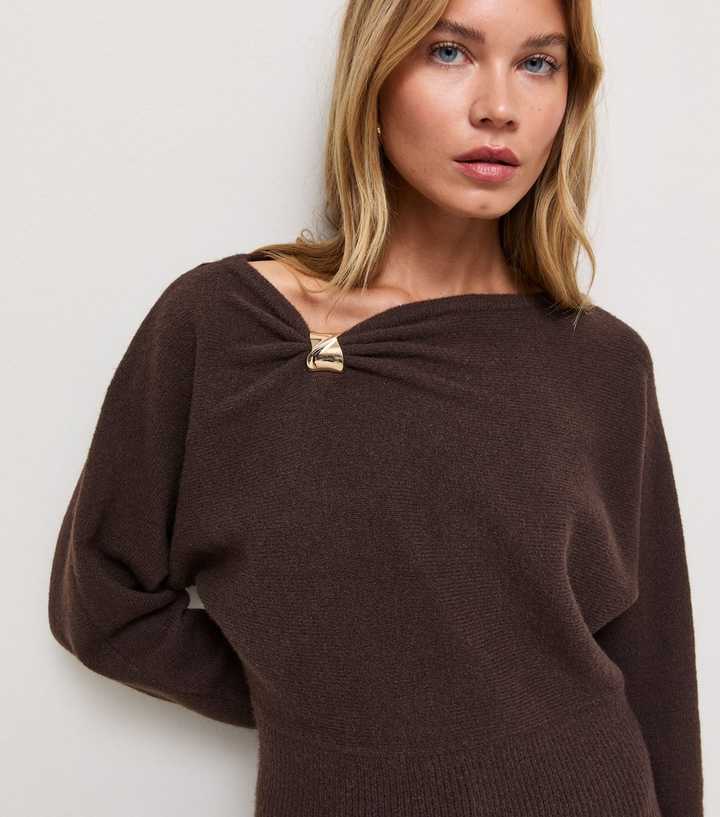 Dark Brown Brooch Detail Slashed Neck Top