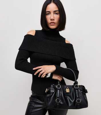 Black Cold Shoulder Bardot Funnel Neck Top