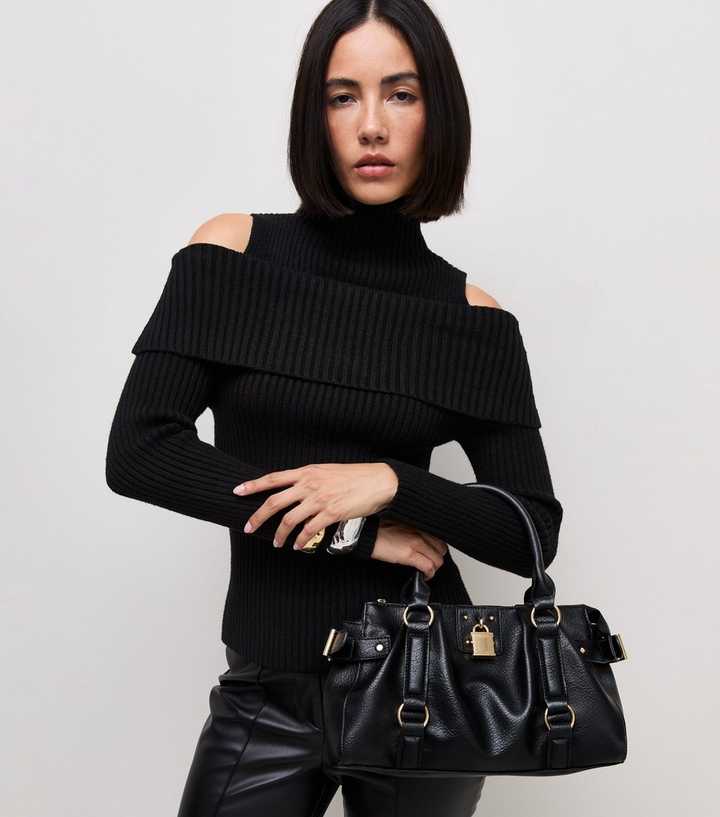 Black Cold Shoulder Bardot Funnel Neck Top