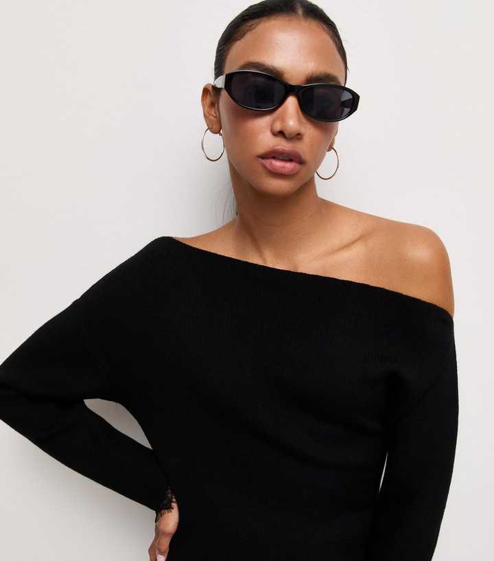 Black Knit Asymmetric Lace Trim Jumper