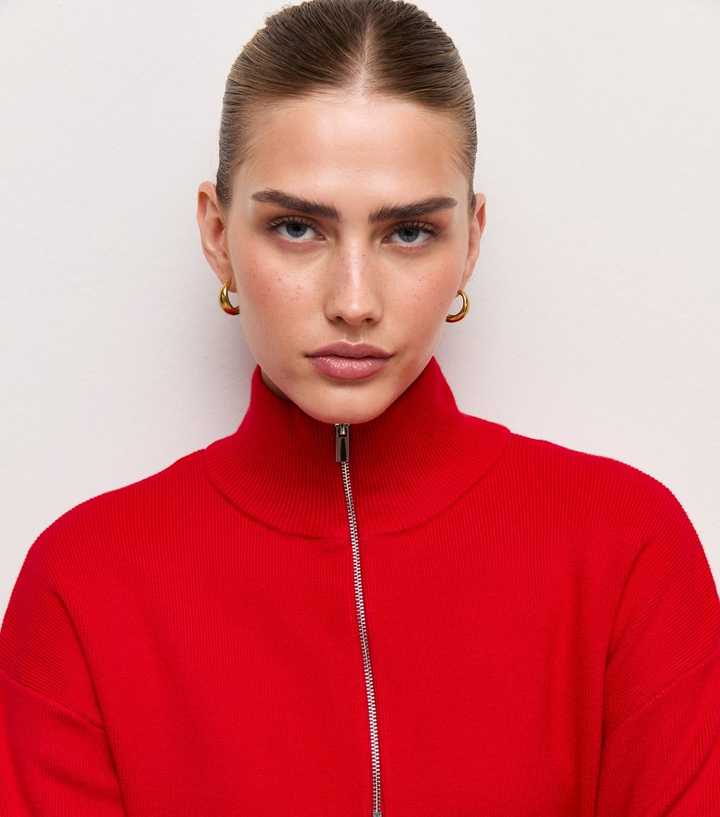 Bright Red Compact Knit Half Zip Jumper