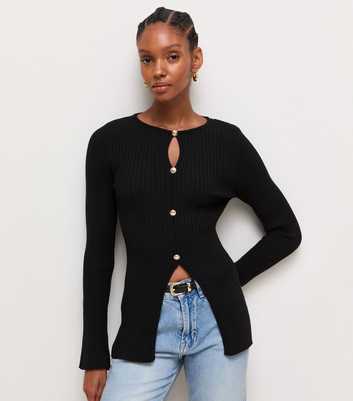 Black Ribbed Knit Button Long Sleeve Top