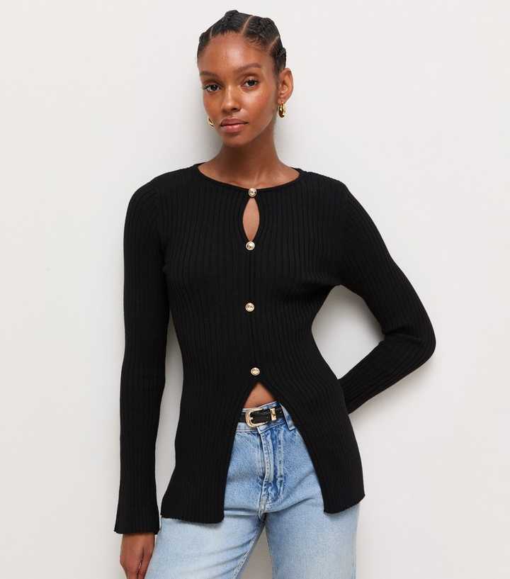 Black Ribbed Knit Button Long Sleeve Top