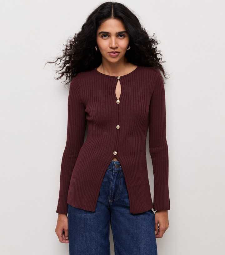 Dark Burgundy Shoulder Pad Button Through Long Sleeve Top