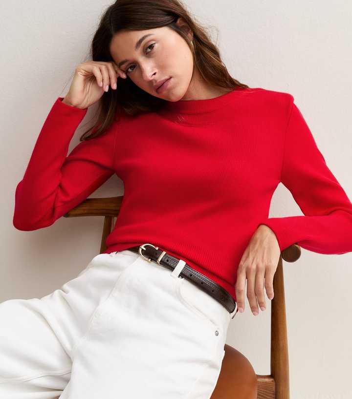 Bright Red Shoulder Pad Lightweight Knit Jumper