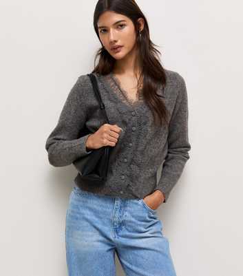 Grey Lace Placket Cardigan