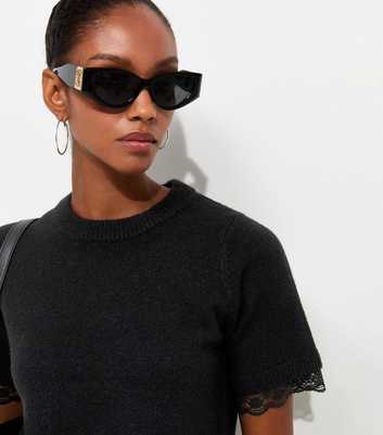 Black Lace Trim Knit T-Shirt