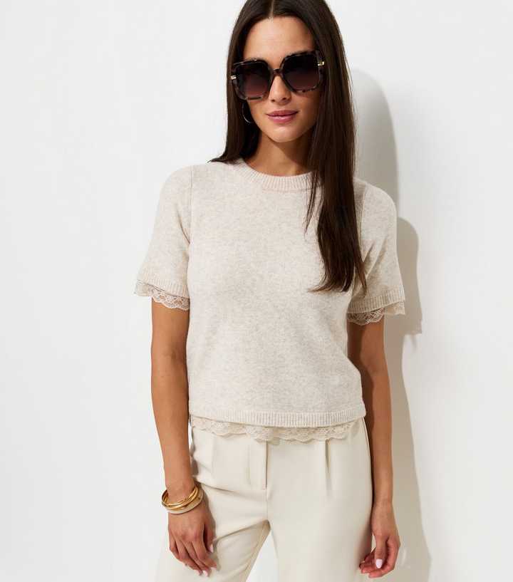 Oatmeal Lace Trim Knit T-Shirt
