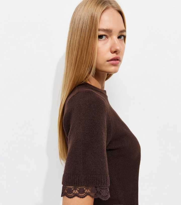 Dark Brown Lace Trim Knit T-Shirt