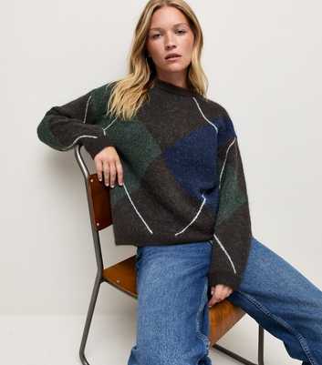 Grey Argyle Knit Crew Neck Jumper