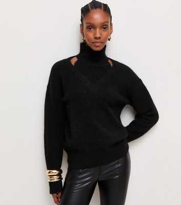 Black High Neck Cut Out Jumper with Wool