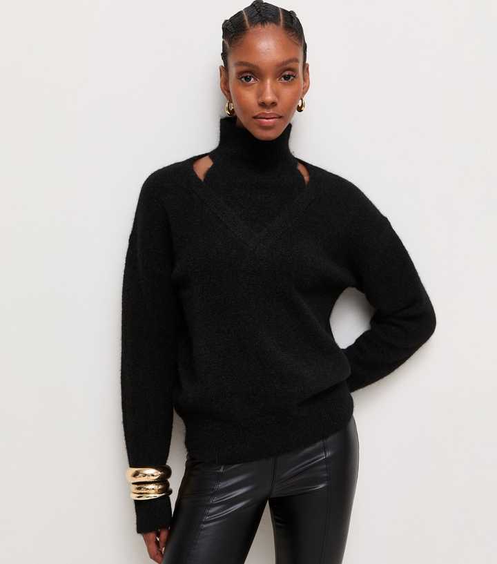 Black High Neck Cut Out Jumper with Wool