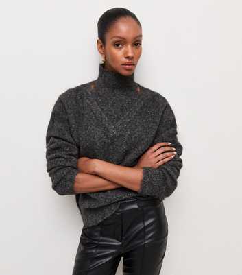 Grey Knitted High Neck Cut Out Jumper with Wool