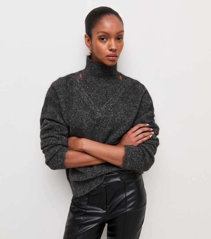 Grey Knitted High Neck Cut Out Jumper with Wool