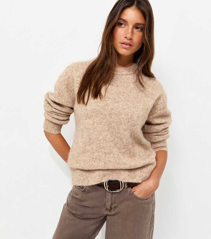 Light Mink Crew Neck Knitted Jumper with Wool
