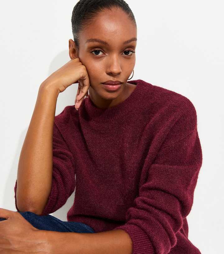 Burgundy Crew Neck Knitted Jumper with Wool