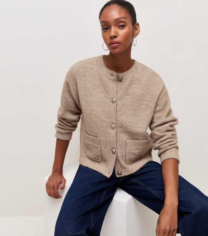Light Mink Knitted Front Pocket Cardigan with Wool