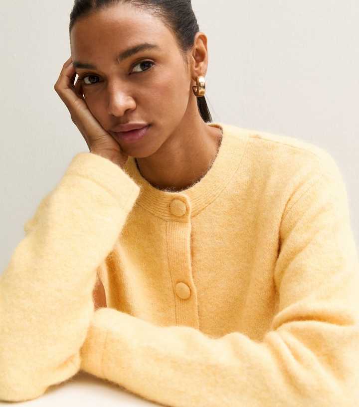 Light Yellow Knitted Front Pocket Cardigan with Wool