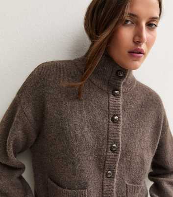 Dark Mink Knitted Patch Pocket Funnel Neck Cardigan with Wool
