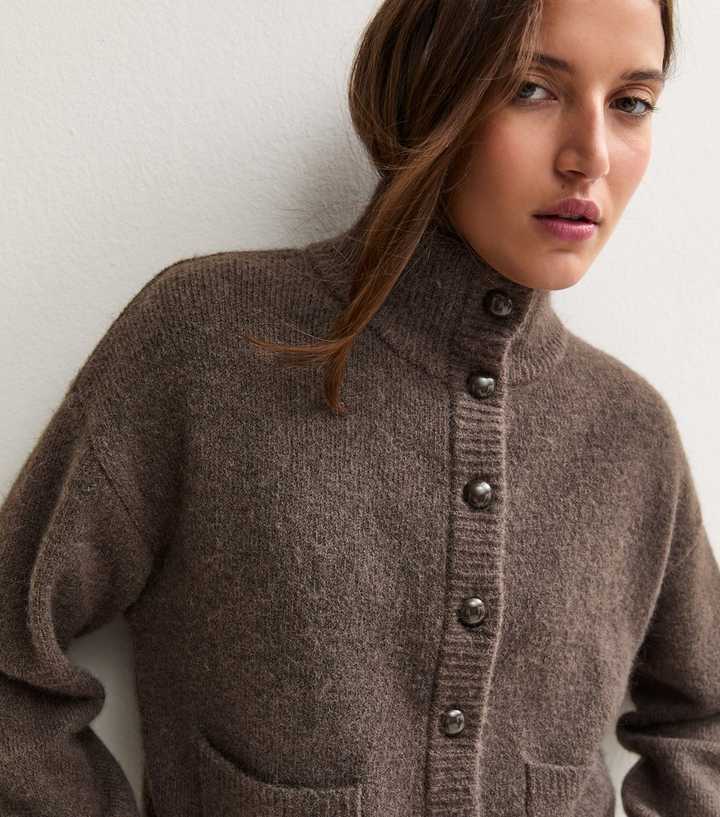 Dark Mink Knitted Patch Pocket Funnel Neck Cardigan with Wool