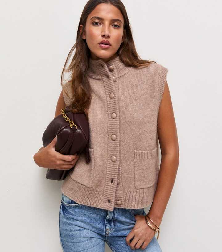 Mink Knitted Funnel Neck Waistcoat with Wool