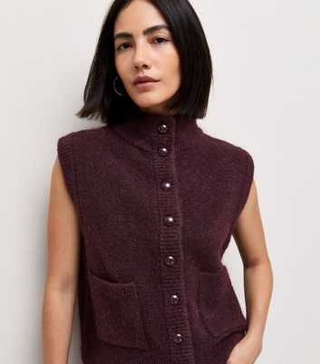 Dark Burgundy Knitted Funnel Neck Waistcoat with Wool