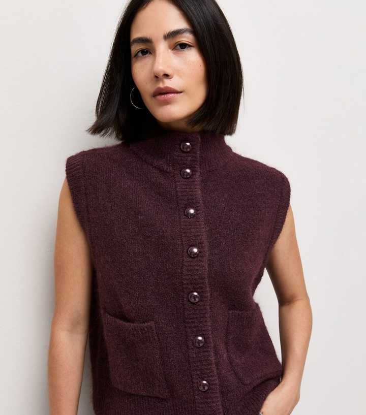 Dark Burgundy Knitted Funnel Neck Waistcoat with Wool