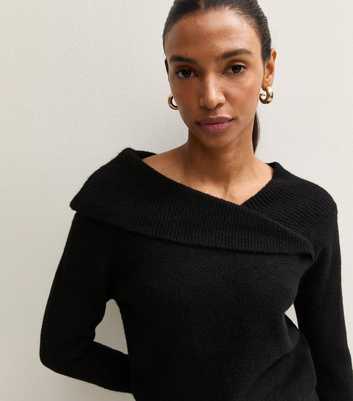 Black Wrap Over Bardot Neck Jumper