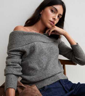Grey Wrap Over Bardot Neck Jumper