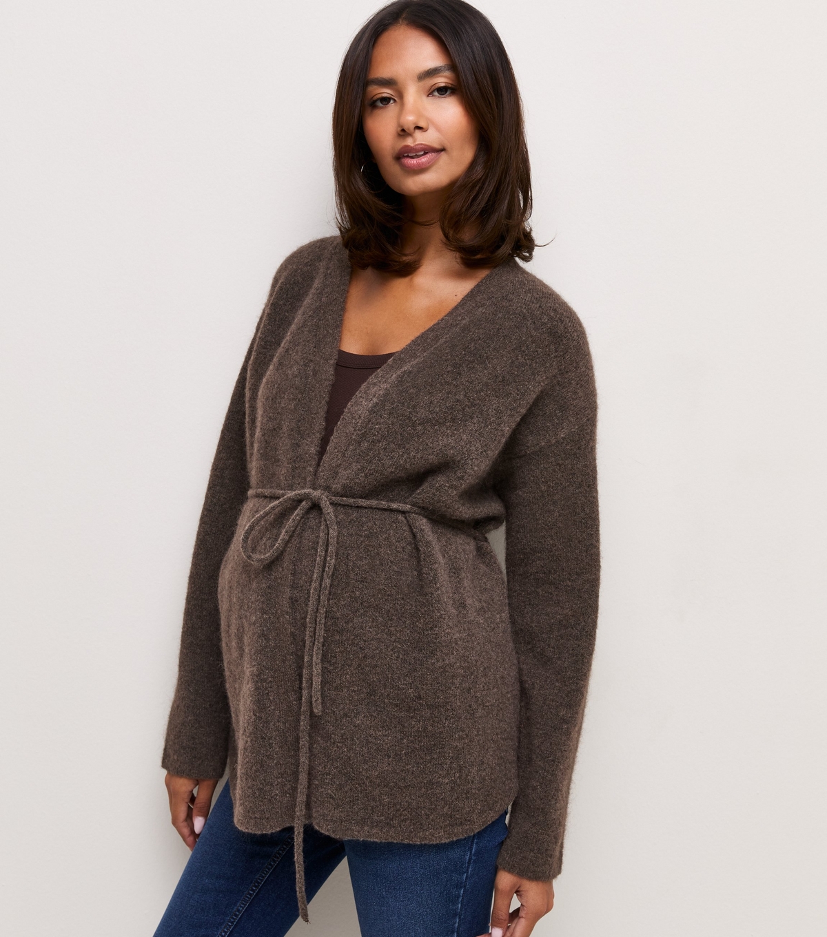 Women's Maternity Dark Mink Knitted Belt Cardigan with Wool New Look