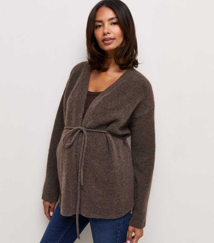 Maternity Dark Mink Knitted Belt Cardigan