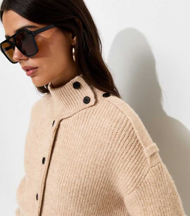 Oatmeal Ribbed Knit Funnel Neck Cardigan