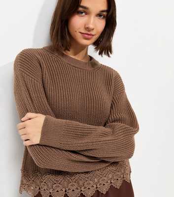 Brown Chunky Knit Lace Hem Jumper