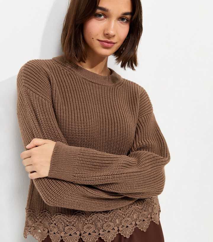 Brown Chunky Knit Lace Hem Jumper